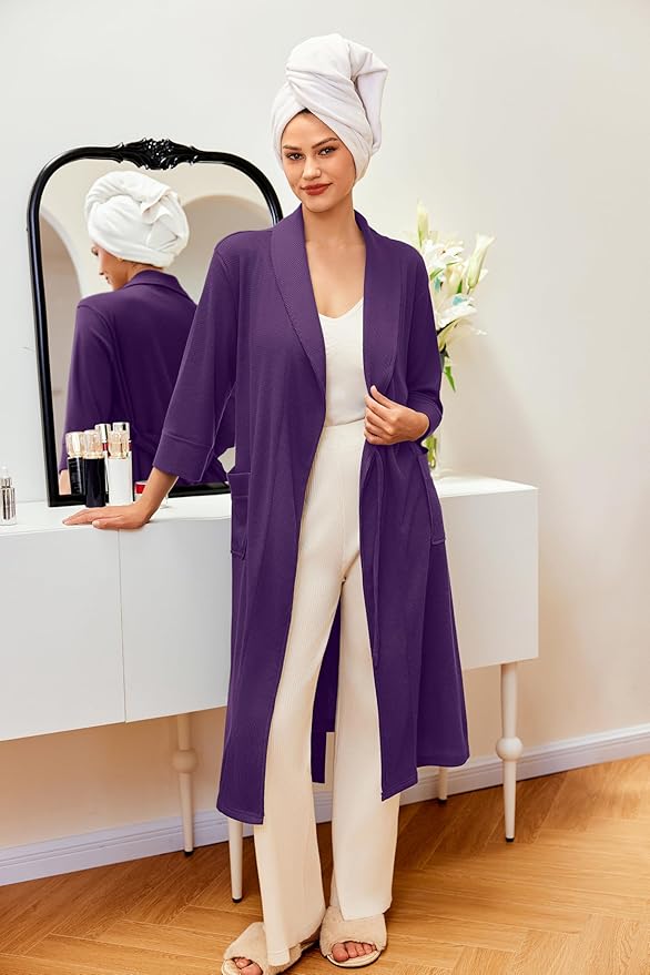 Ekouaer Robes for Women Long Waffle Knit Bathrobe Lightweight Kimono Robe Soft Shawl Collar Spa Robes with Pockets S-XXL