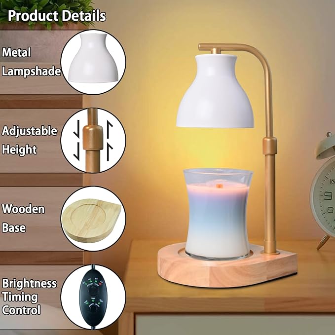 SOKCVSEA Candle Warmer Lamp - Candle Lamp Warmer with Timer Height Adjustable, Birthday Gifts for Mom Women, House Warming Gifts New Home Decor, Wax Melt Warmer with 2 Bulbs H.White Gold