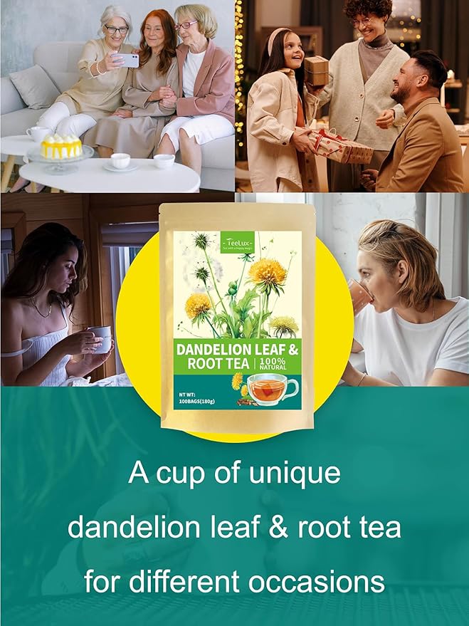 TeeLux Dandelion Leaf & Root Tea Bags, Natural Roasted Dandelion Root with Fresh Dandelion Leaf Herbal Tea, Caffeine Free, 100 Count