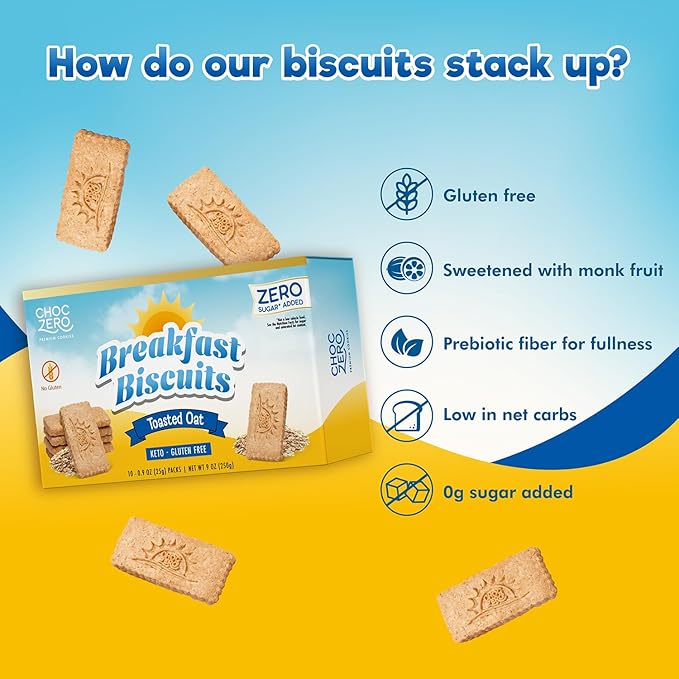 ChocZero Breakfast Biscuits, Toasted Oat, Gluten Free, High Fiber Snack, No Added Sugar, 30 Keto Biscuits Per Box, 9 Ounce (Pack of 1)