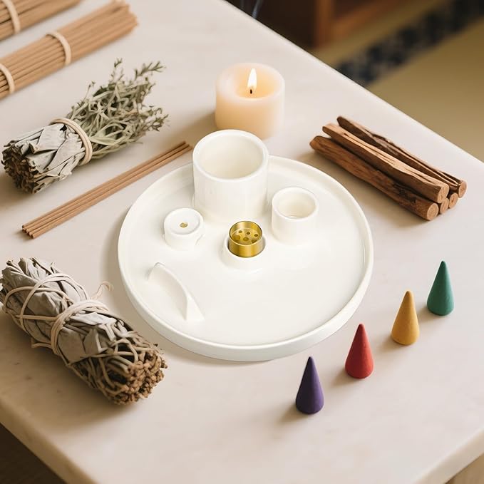 Luvan Palo Santo Holder, 5 in 1 Incense Holder for Burning Sage, Candle, Incense Sticks and Backflow Incense Cones - 6.06" Ceramic Ash Catcher Tray for Meditation Room Home Zen Decor