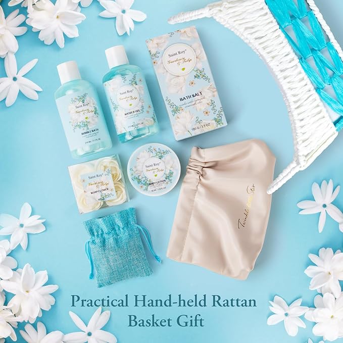 Christmas Gifts for Women bath basket, Spa Gift Baskets for Women, Gardenia Tulip Home Spa Kit with Cosmetic Bag gift woman, Bath & Body Basket Set 8Pcs Bath and Body Gifts Set, Luxury Spa baskets