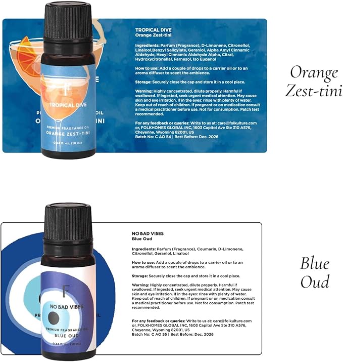 Folkulture Essential Oils for Home | Set of 6 (0.34 fl oz x 6) Beach Diffuser Oil for Relaxation | Coconut Essential Oil for Meditation | Aqua, Oud, Orange Zest Essential Oils for Women