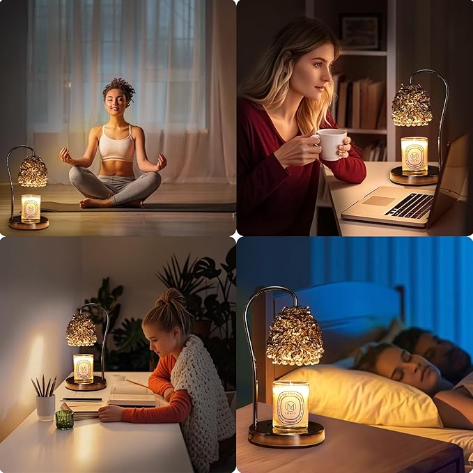 Black Candle Warmer Lamp with Timer - Adjustable Height Candle Warmer, Dimmer, Crystals Lampshade, Wax Melting Lamps for Home Decor, for Candles in Jars with 2 Bulbs