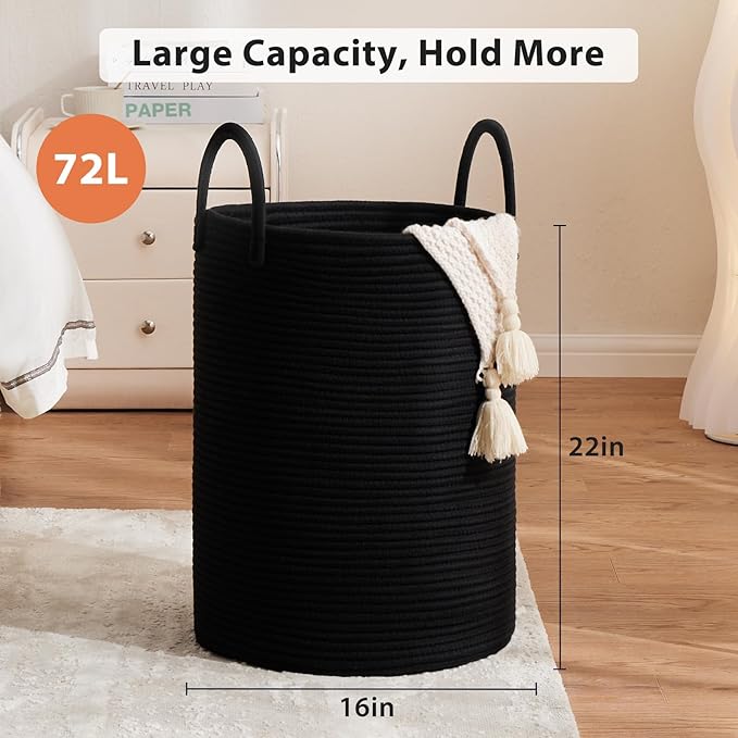 72L Large Woven Laundry Hamper by Fiona's magic, Tall Cotton Rope Storage Basket, Jute Baby Nursery Hamper for Blankets, Toys and Clothes in Bedroom and Living Room Organizing, Black