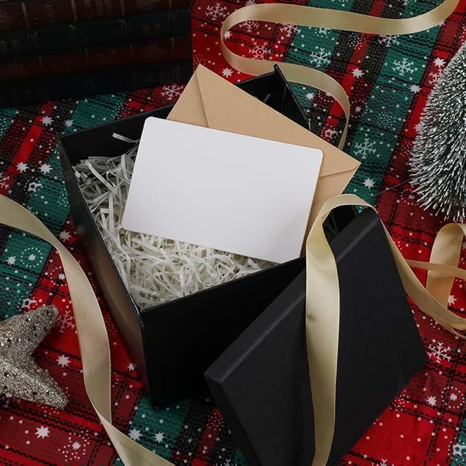 Gift Box with Lid 7x7x6.5 Inches, Black Gift Boxes for presents Packaging for Birthdays, Valentine's Day, Christmas, Anniversaries (Include Shredded Paper Fill, Envelope Card Ribbon)