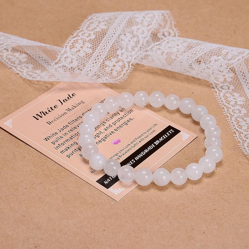 AD Beads Handmade Gemstone Stretch Elastic Bracelet Crystal Healing Reiki Nature's Beauty and Spiritual Essence Unisex (6mm, White Jade (Decision Making))