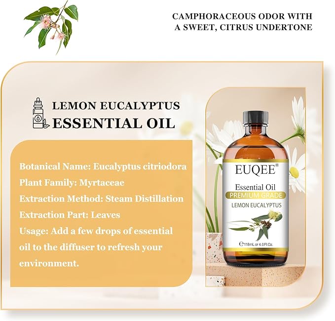 EUQEE Lemon Eucalyptus Essential Oil Pure Lemon Eucalyptus Oil, Large Capacity Essential Oil with Glass Dropper for Diffuser, Candle Making - 118ml / 4 Fl.Oz