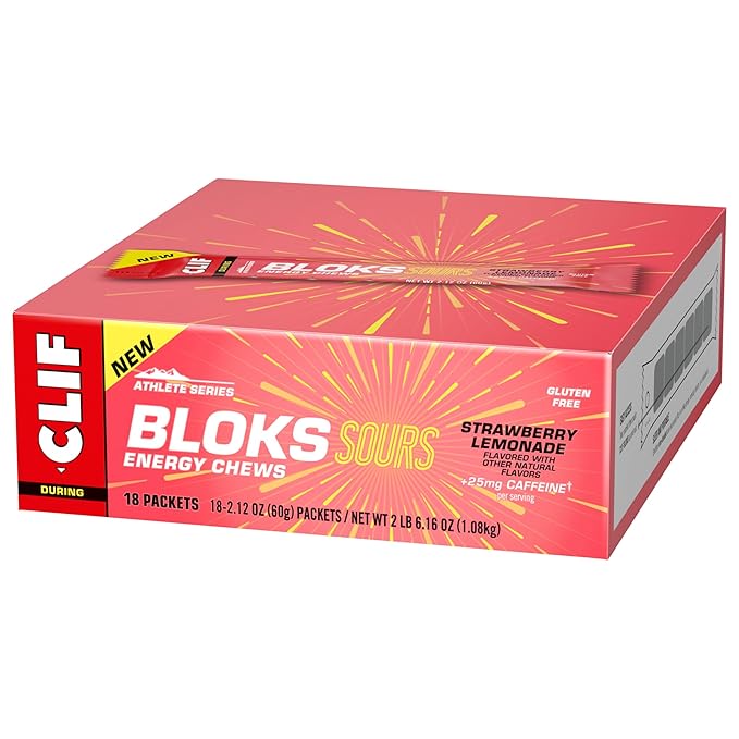 Clif Bloks Sours - Strawberry Lemonade Flavor with Caffeine - Energy Chews - Non-GMO - Plant Based - Fast Fuel for Cycling and Running - Quick Carbohydrates and Electrolytes - 2.12 oz. (18 Count)