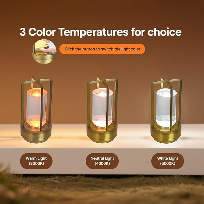 Crystal Lantern Lamp – 4000mAh Rechargeable Battery Operated Cordless Crystal Table Lamp with 3 Colors, Portable Desk Lamp for Indoor & Outdoor Patio, Camping, Restaurant (Gold)