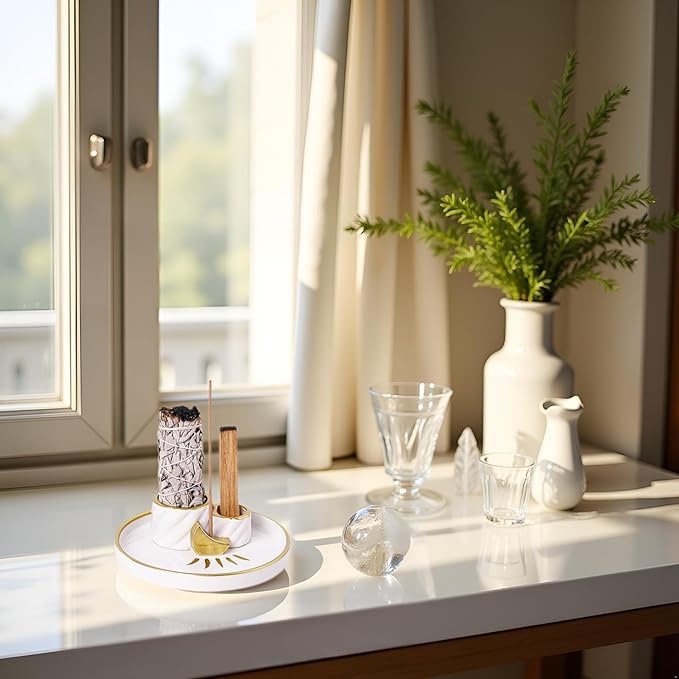 Ceramic Incense Holder Burner, Sage Holder for Burning, Palo Santo Sticks Holder, 5.51" Ash Catch Tray, Smudge Dish for Meditation Yoga, Modern Home Decor Gift