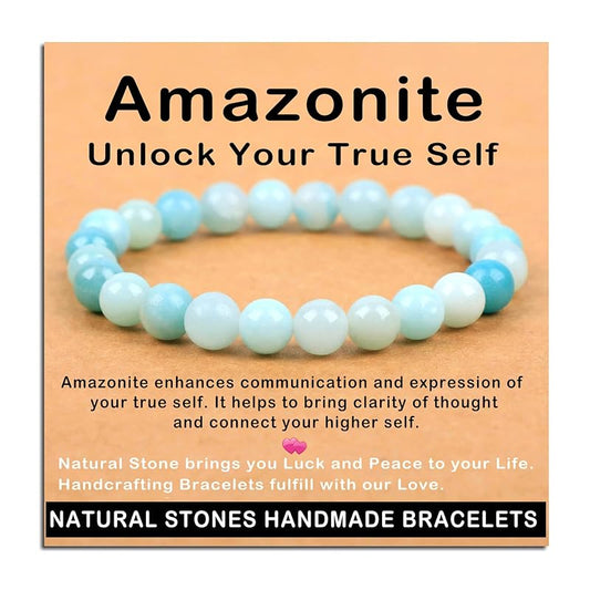 AD Beads Handmade Gemstone Stretch Elastic Bracelet Crystal Healing Reiki Nature's Beauty and Spiritual Essence Unisex (8mm, Amazonite (Unlock Your True Self))
