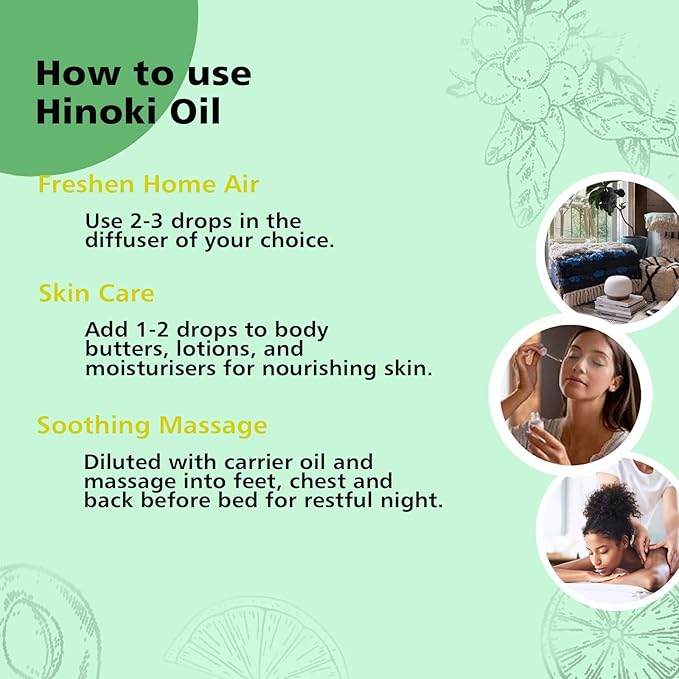 Hinoki Essential Oil 10ml - 100% Pure Natural Hinoki Oil for Diffuser, Aromatherapy, Hair Care, Massage, Fresh Woody Scent,
