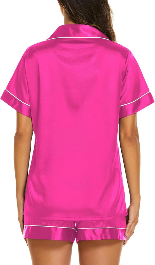 Ekouaer Silk Pajamas for Women Short Sleeve Sleepwear Soft Button Down Loungewear 2 Piece Satin Pjs Shorts Set S-XXL