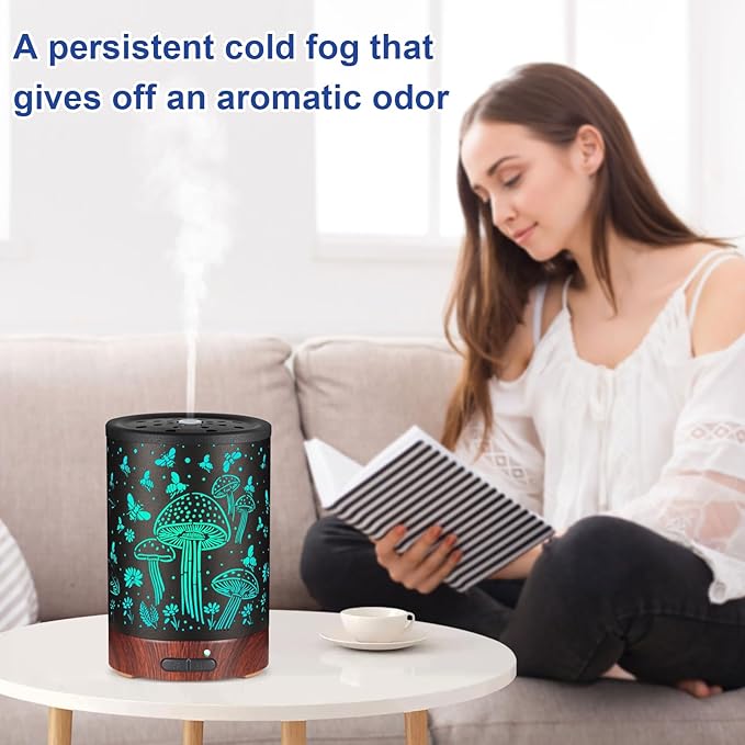 Essential Oil Diffuser- Aromatherapy Diffuser with7 Colors Light, and Auto-Off -Metal Cool Mist Humidifier for Home and Office（Mushroom + Bee）…