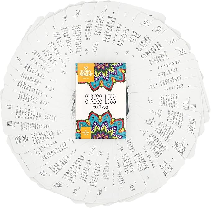 Sunny Present Stress Less Cards - 50 Mindfulness & Meditation Exercises - Self Care Cards That Helps Relieve Stress and Anxiety - The Original Deck