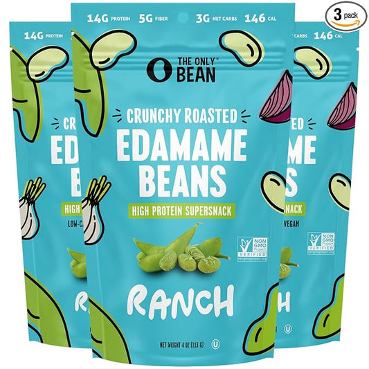The Only Bean Edamame Dry Roasted Low Carb Snacks (Ranch), Vegan Gluten Free Snacks, Healthy Snacks for Kids and Adults, High Protein Snacks, Keto Snacks, Diabetic Snacks, 4oz (Pack of 3)