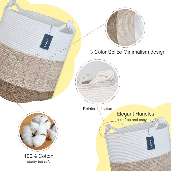 COMSE Extra Large Blanket Basket, Tall Woven Storage Basket, Nursery Hamper, 15.7”x 21.7”, Cotton Rope Laundry Hamper for Toys Clothes Towels, White/Gradient Brown