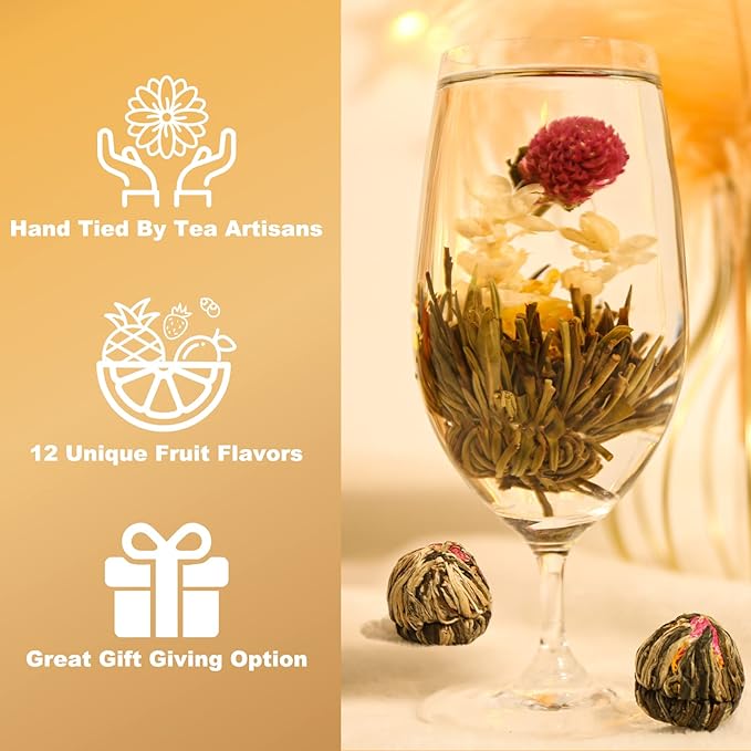FullChea - Blooming Flowering Tea, 12 Unique Varieties - Flowering Tea in 12 Delicious Fruit Flavors - Gift For Tealovers, Christmas, Anniversary, Valentine, Birthday