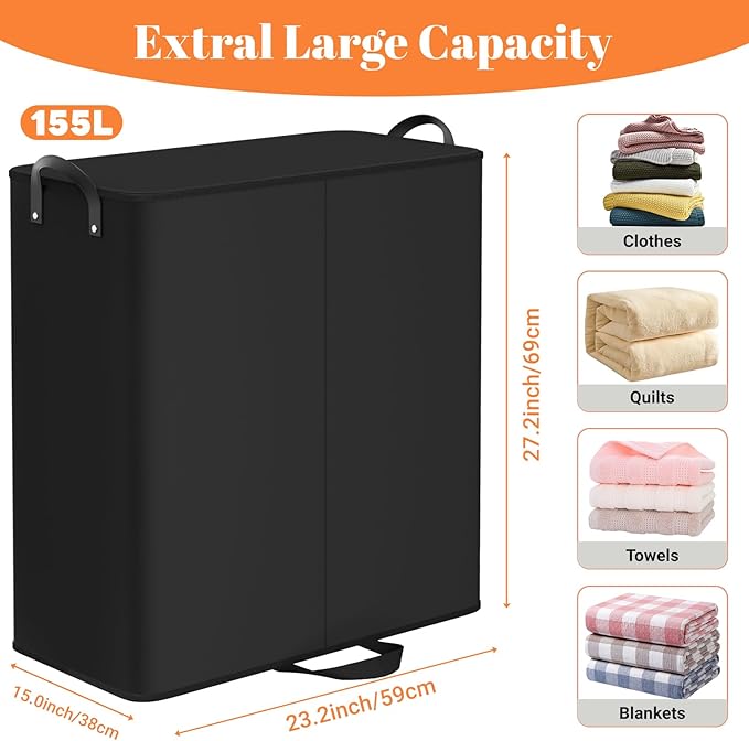 Large Double Laundry Hamper with Lid, Removable Bags & Reinforced Handles, 2 Section Tall Laundry Basket, Dirty Clothes Hampers for Laundry Room, Bedroom, Bathroom, Dorm, 155L, Black