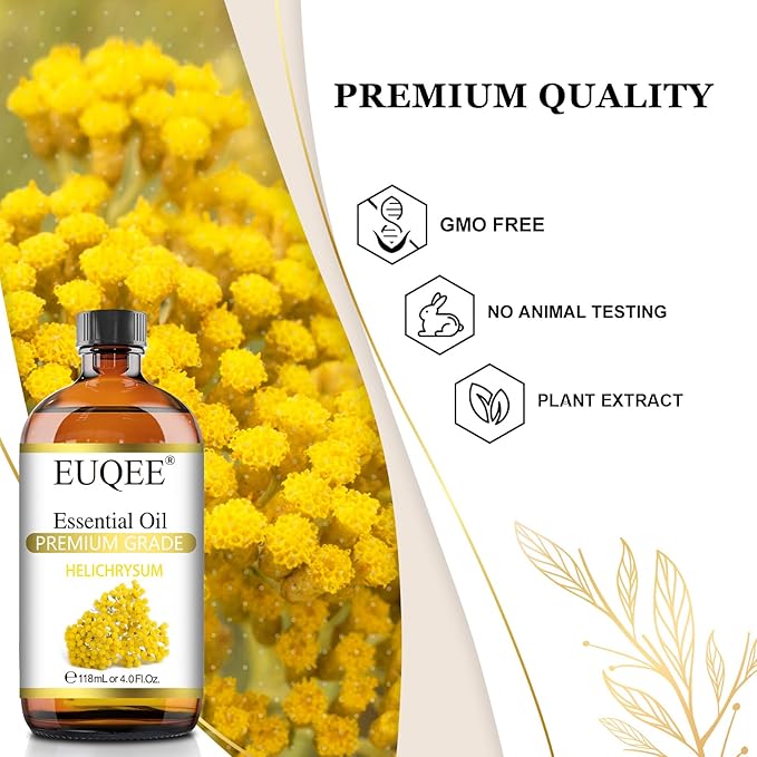 EUQEE Helichrysum Essential Oil 4 oz/118 ml Large Bottle Premium Helichrysum Oil with Glass Dropper - Great for Diffusers, Humidifier, Candle & Soap Making