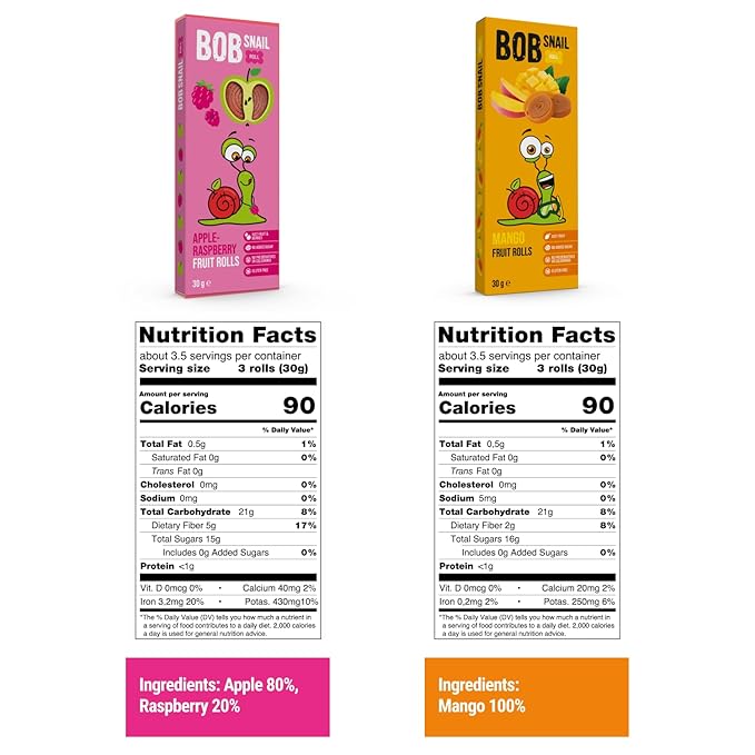 BOB SNAIL Healthy Organic Fruit Snacks for Kids and Adults – 60 Organic Fruit Roll Up with Mango,Pear, Strawberry, Raspberries–Vegan Low-Carb Variety Pack Leather Strips for Kids–Sugar Free Jerky Bars