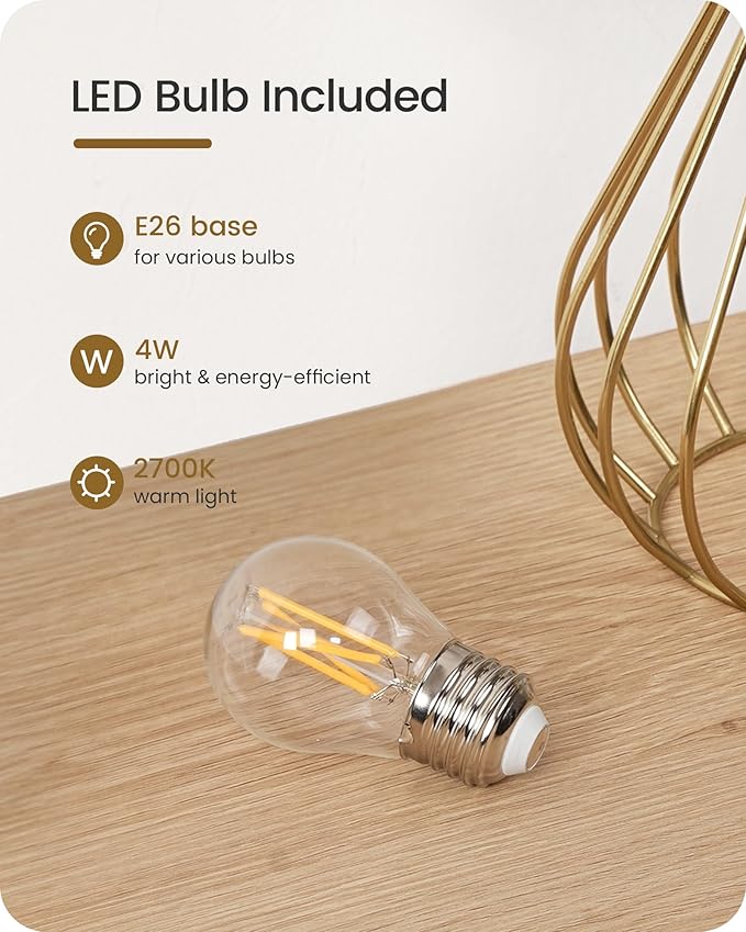 Bedside Table Lamp, 12.6'' Small Table Lamp with Beige Linen Lampshade & Gold Teardrop Cage, Modern Small Little Cute Desk Lamp for Bedroom, Living Room, 2700K LED Bulb Included DE06TL05