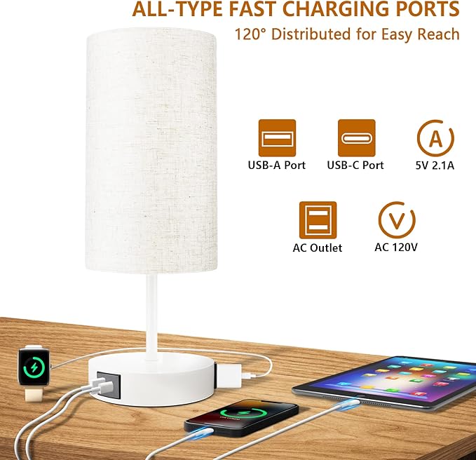 HiBay 17.75" Touch Bedside Table Lamps Set of 2 with USB Charging Ports & AC Outlet, Modern White Nightstand Lights for Bedroom, Living Room, Kids Room, 3-Way Dimmable, E26 LED Bulb Included