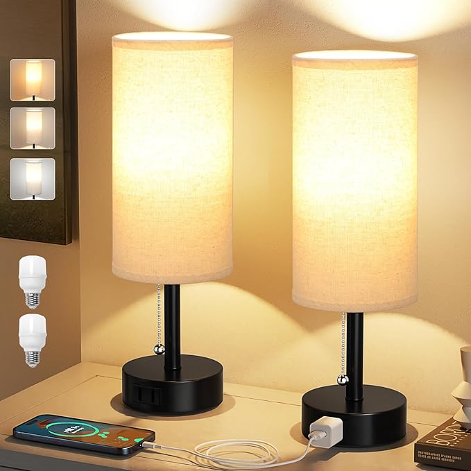 Fenmzee Bedside Table Lamps Set of 2-3 Color Temperatures Pull Chain Lamp with AC Outlet Charging Port, Round Night Stand Lamps for Bedroom Guest Room Office, Small Bed Side Light with E26 LED Bulbs