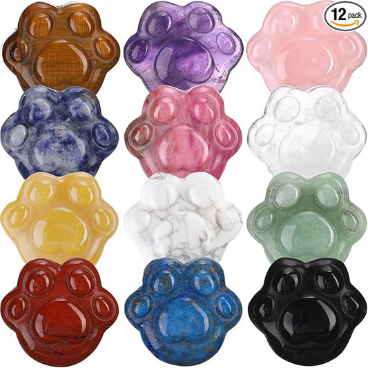 BBTO 12 Pieces Worry Stones for Anxiety Thumb Small Multicolor Pocket Palm Stone Obsidian Crystal Worry Stones for Anxiety Stress Relief(Cat Paw Style)