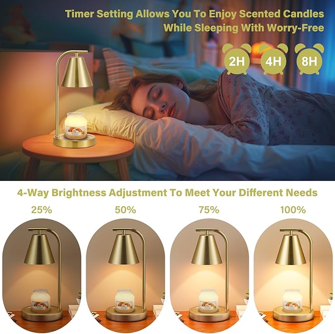 Gold Candle Warmer Lamp with Timer, Electric Candle Lamp for Scented Wax with 2 Bulbs, House Warming Gift for New Home & Gifts for Women