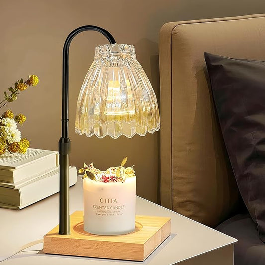 Candle Warmer Lamp with Timer, Dimmable Melted Wax Warmer with Two Bulbs, Height Adjustable Candle Lamp for Bedroom, Living Room Home Decor, House Warming Gift (Black Pole + White Lampshade)