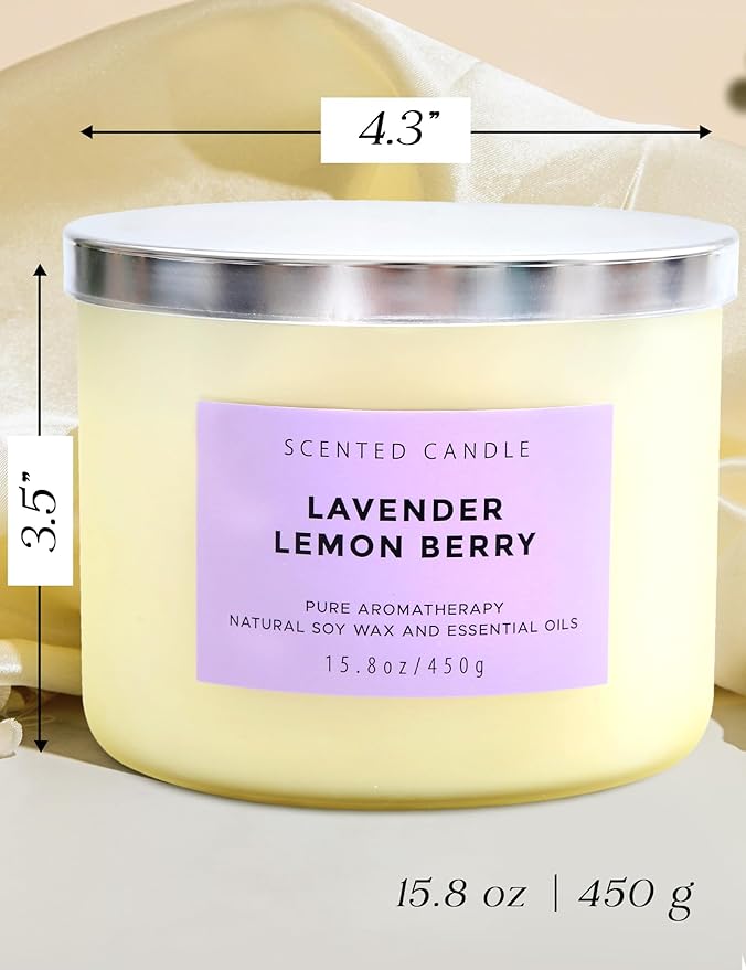 Lavender Lemon Berry Scented Candle | Large Aromatherapy Stress Relief 3 Wick Candles | Highly Scented Soy Candle for Home 15.8 oz | Soothing & Long Lasting Calming Lavender Candles for Women & Men