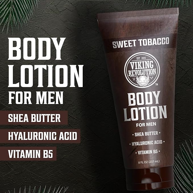 Viking Revolution Sweet Tobacco Body Lotion for Men –Mens Lotion for Dry Skin with Shea Butter, Hyaluronic Acid and Vitamin B5 – Nourishing Mens Body Lotion for Hydrated and Smooth Skin (8oz, 1 Pack)