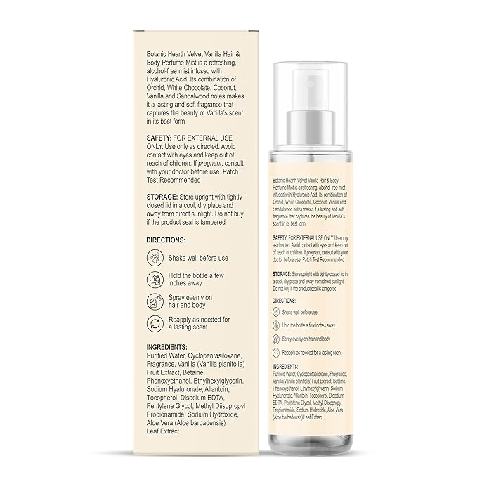 Botanic Hearth Velvet Vanilla Hair & Body Perfume Mist with Hyaluronic Acid, Alcohol-Free Formula, Long Lasting Fresh Vanilla Scent, Lightweight Body Spray for Women & Men, 3.4 fl oz / 100 ml