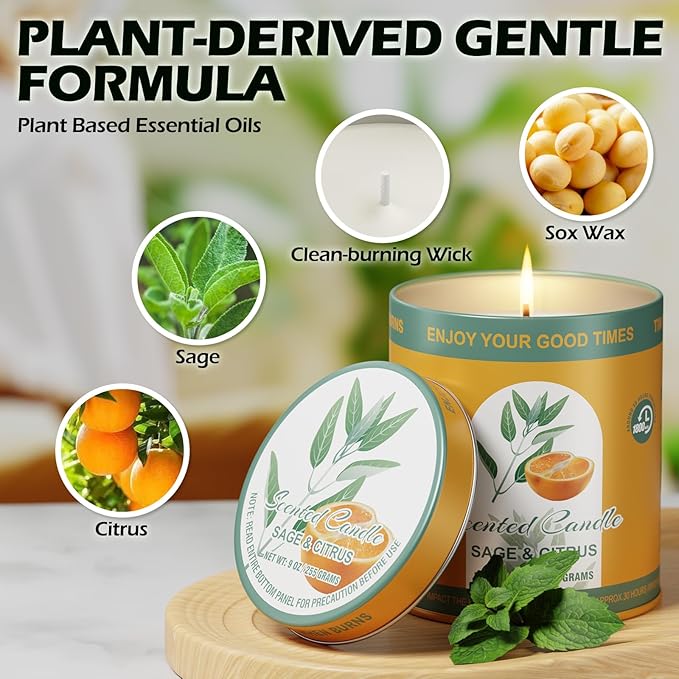 Sage&Citrus Scented Candles Gift Set | 2Pack 18oz 8% Essential Oils 80H Burn | Pure Soy Wax for Aromatherapy Tin Jar Candle | Meditation, Yoga,Smokeless, Relaxation&Sleep Aid Gift Set for Men&Women