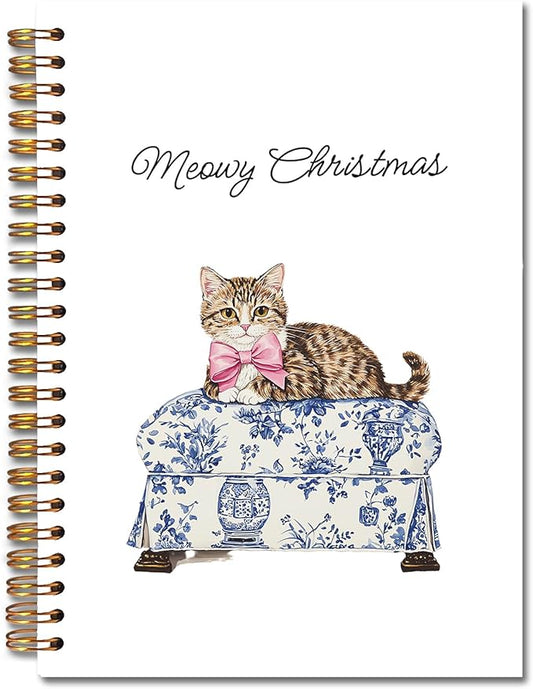 Exqcom Chinoiserie Christmas Tabby Cat Spiral Notebook Gifts, Pink Bow Blue and White Toile Tabby Cat Journal for Women, Merry Christmas Hardcover Notebook Journal Office School Supplies, 5.5x8.3 Inch