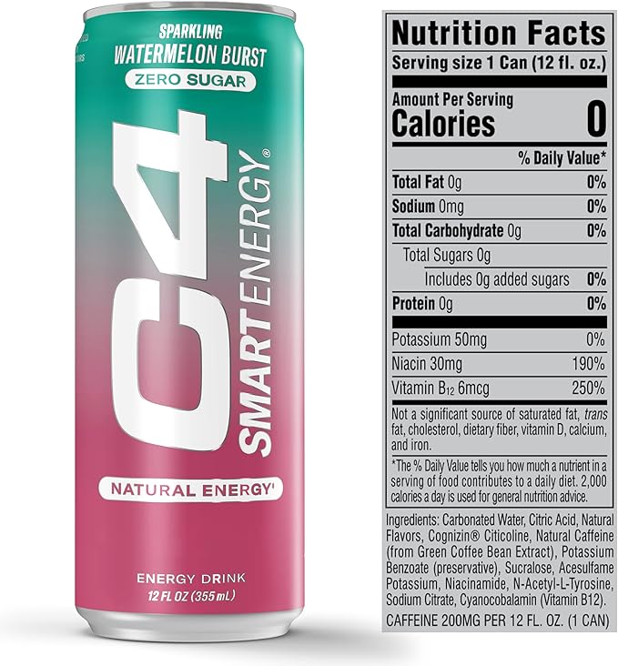 Cellucor C4 Smart Energy Drink ‚ Boost Focus and Energy with Zero Sugar, Natural Energy, and Nootropics - 200mg Caffeine - Watermelon Burst (12oz Pack of 12)