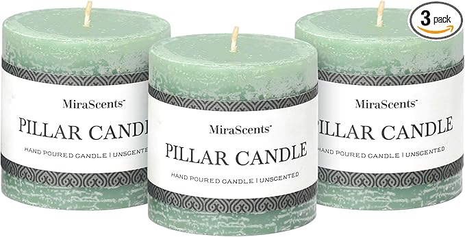 3x3 Inch Sage Green Pillar Candles Set of 3 - Unscented Spring Candles, Long Clean Burning, Large Big Candles, Smokeless Dripless Candles for Spring Home Decor, Dinner Table, Bathroom, Rustic Decor