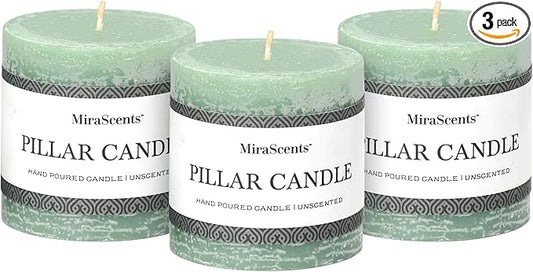 3x3 Inch Sage Green Pillar Candles Set of 3 - Unscented Spring Candles, Long Clean Burning, Large Big Candles, Smokeless Dripless Candles for Spring Home Decor, Dinner Table, Bathroom, Rustic Decor