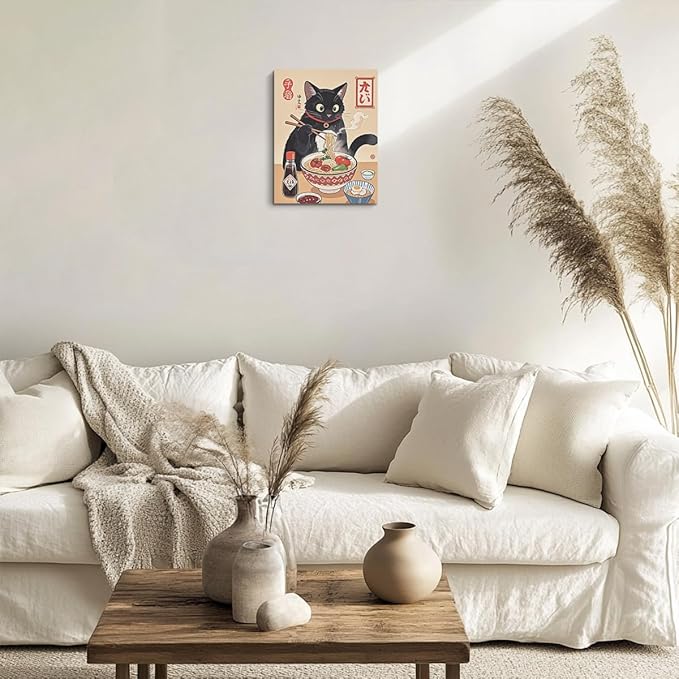 HZMLYDJ Cute Japanese Cat Canvas Wall Art, Quirky Cats Eating Ramen Posters Trendy paintings Wall Art Decor, Aesthetic Canvas Decoration Artwork for Walls Home Living Room Kitchen Dining Room Decor