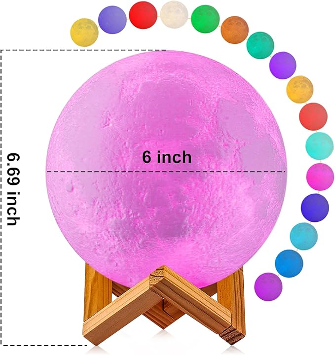 LOGROTATE Moon Lamp, 3D Print LED 16 Colors RGB Moon Light, Decorative Lights Night Light with Remote&Touch Control and Adjustable Brightness & USB Recharge for Kids Lovers Birthday Gifts (5.98 inch)