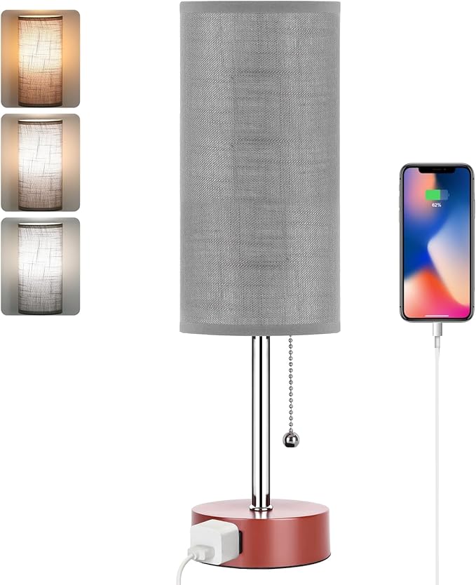 Dott Arts Table Lamp for Bedroom, 3-Color Bedside Lamps with Pull Chain, Bedroom Table Lamps for Nightstand,AC Outlet Small Lamp for Living Room, Bulb Included Grey Striped