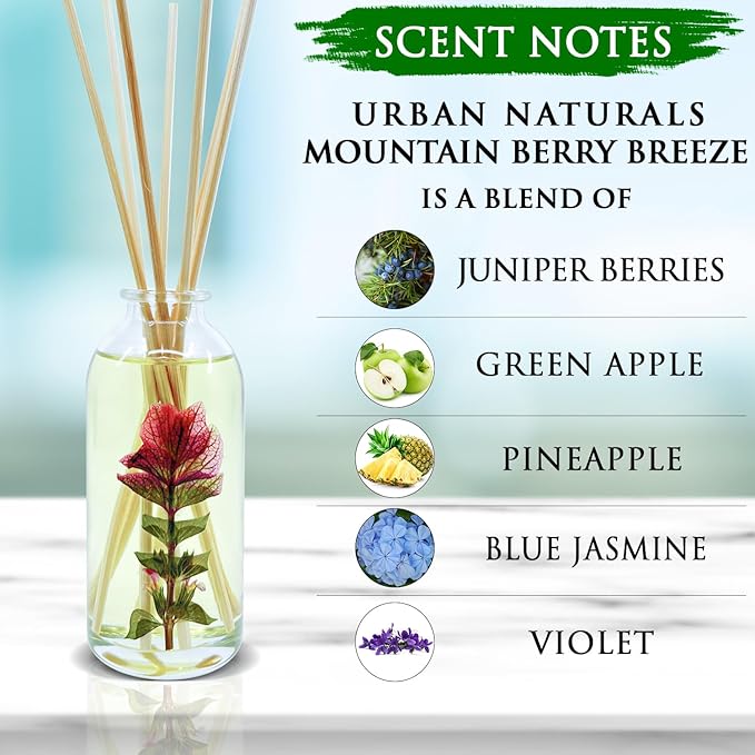 Urban Naturals Mountain Berry Breeze Reed Diffuser Set | Made with Essential Oils & Real Botanicals | Juniper Berries, Green Apple, Jasmine, Violet & Fresh Woods | Made in The USA