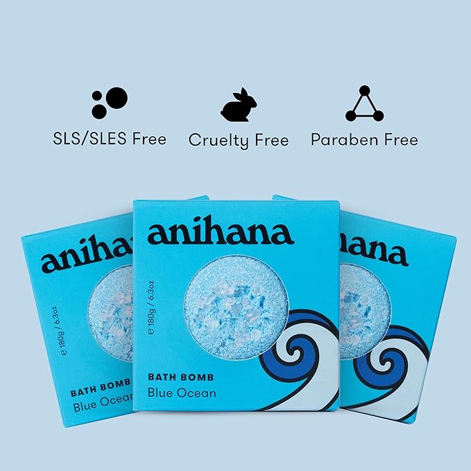 ANIHANA Bath Bombs with Coconut Oil, Paraben Free, Hand-Crafted Luxury Fizzers, Refreshing Blue Ocean Scent, 6.3 oz Each, 3 Pack