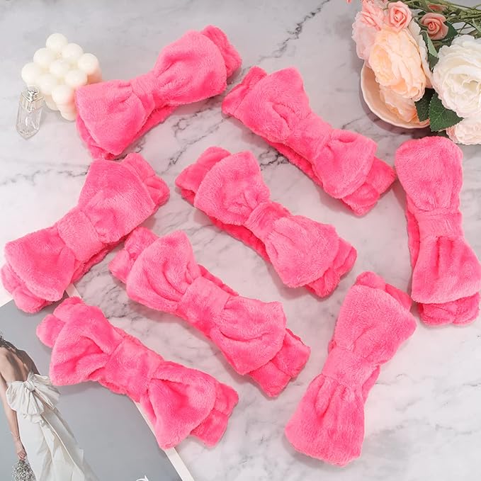 Ondder Spa Headband for Washing Face 8 Pack Rose Red Skincare Headbands for Women Girls Terry Cloth Cute Bow Head Bands