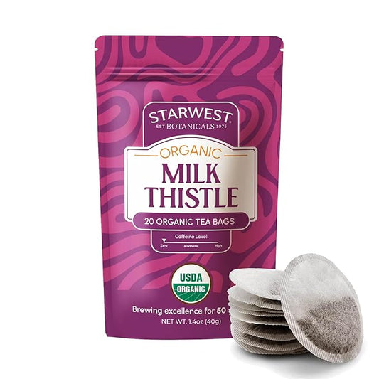 Starwest Botanicals Organic Milk Thistle Seed Tea - Caffeine Free Herbal Tea, Promotes Calm, USDA Organic Milk Thistle Seed, String Free Sachets, Non GMO - 20 Tea Bags