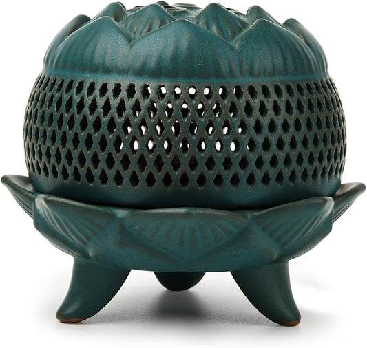 Ceramic Lotus Incense Burner with Incense Stick Holder,Handmade Smudging Burn Bowl Use for Stick/Coil Incense,Sage and Mosquito Incensel (Lotus 01)