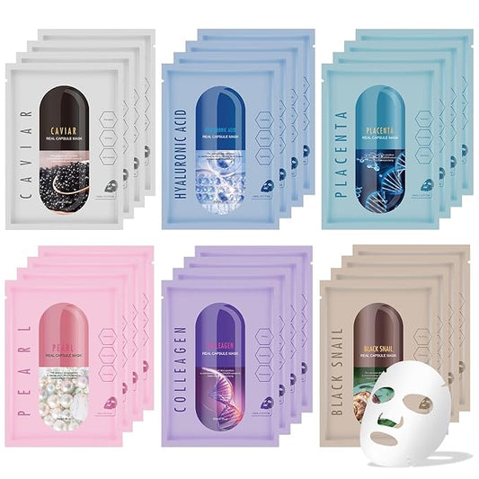 Hyaluronic Acid Face Masks Skincare for Women,Collagen& Snail Facial Masks,Hydrating Face Mask for All Skin Types (24Pack)