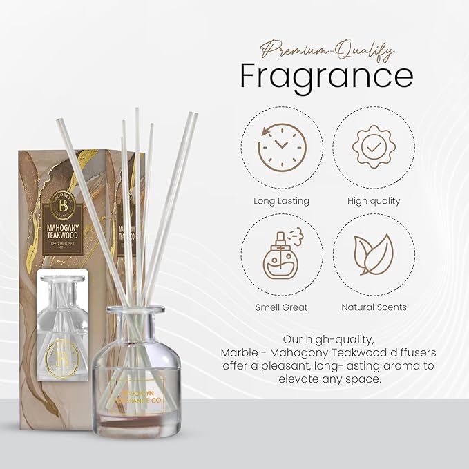 Brooklyn Fragrance Co. Marble - Long Lasting Scented Aroma Diffuser – Mahagony Teakwood Air Freshener for Home- Fragrance Diffuser for a Large Room - 100ML